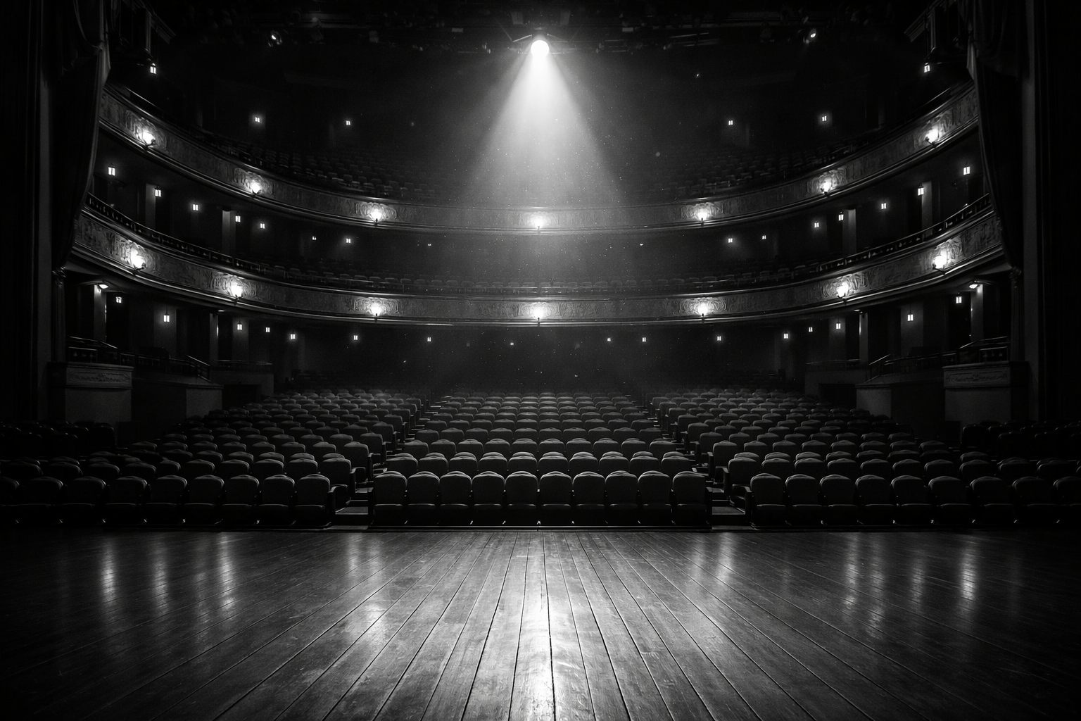 Theater stage with audience seating under a spotlight